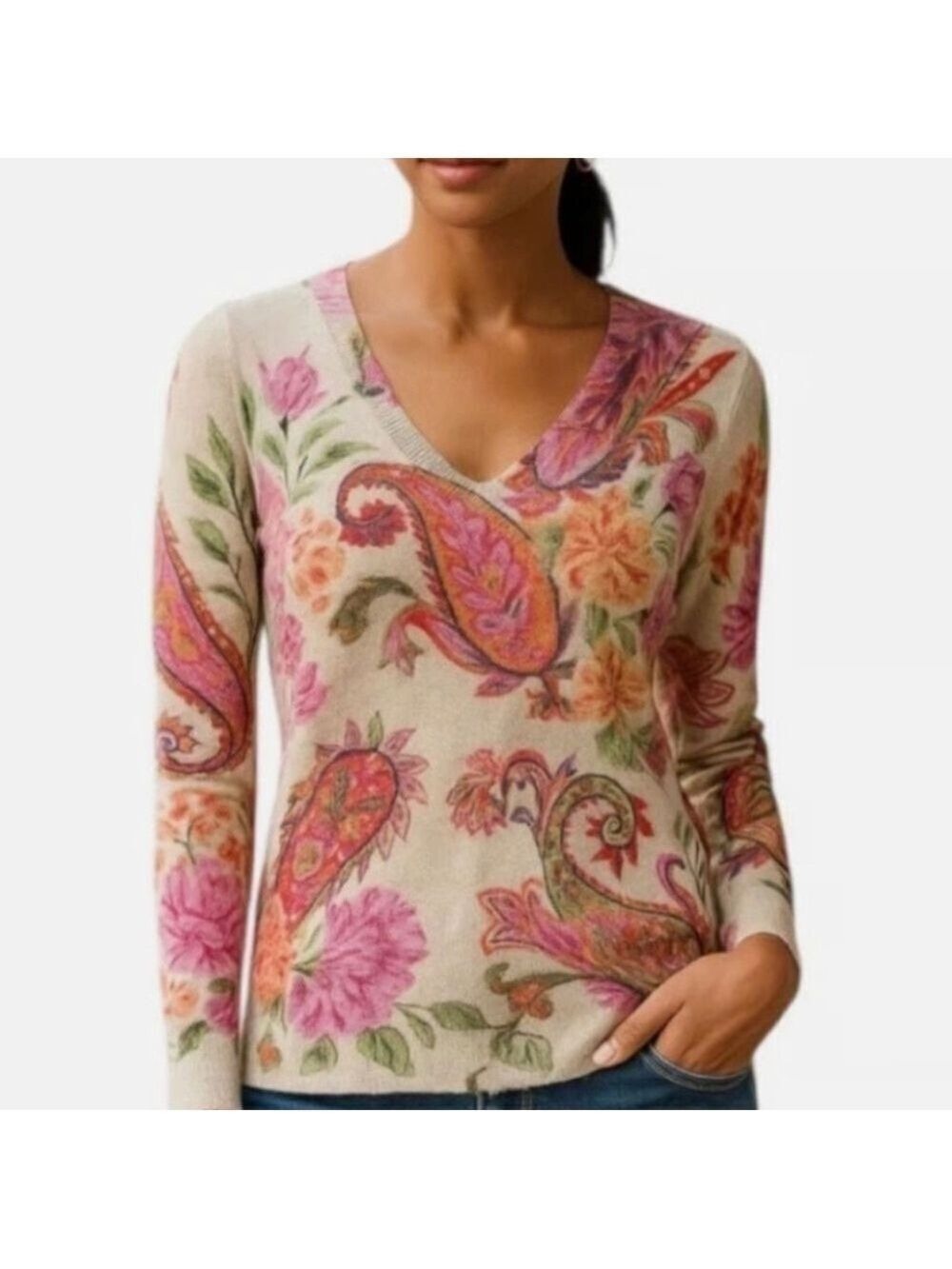 TALBOTS 100% Merino Wool Finely Knit Long Sleeve V-Neck Sweater Paisley Print S